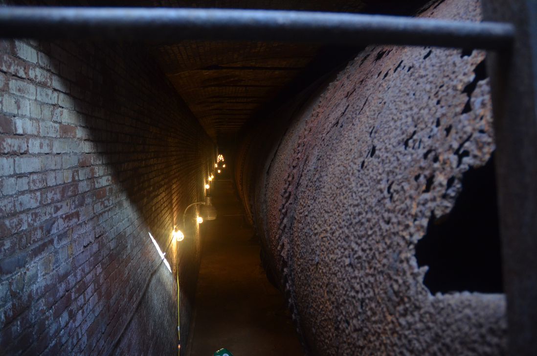 Inside the High Bridge. The rusted 90-inch water pipe is on the right<br/>